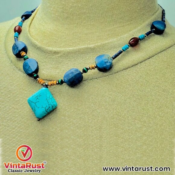 Lapis and Turquoise Beaded Necklace, Handmade Vintage Beaded Necklace - Picture 6 of 12